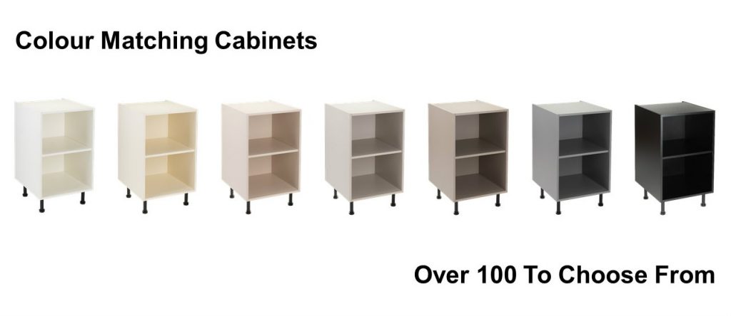 Kitchen cabinet carcasses shown in eight colour-matched finishes, from white to black