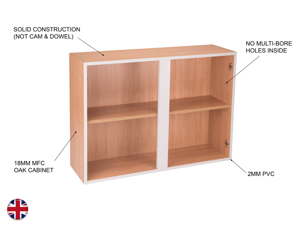 Oak wall cabinet detail — 18mm MFC, solid construction (not cam and dowel), no multi-bore holes, 2mm PVC edging